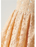 Illusion Neck Peach Lace Organza Knee Length Flower Girl Dress